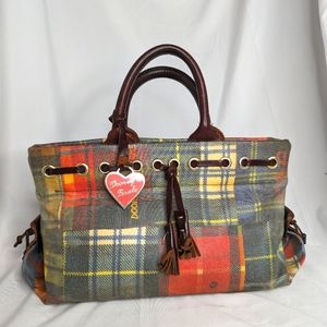 EUC DOONEY & BOURKE PLAID LADYBUG COATED CANVAS & LEATHER SATCHEL